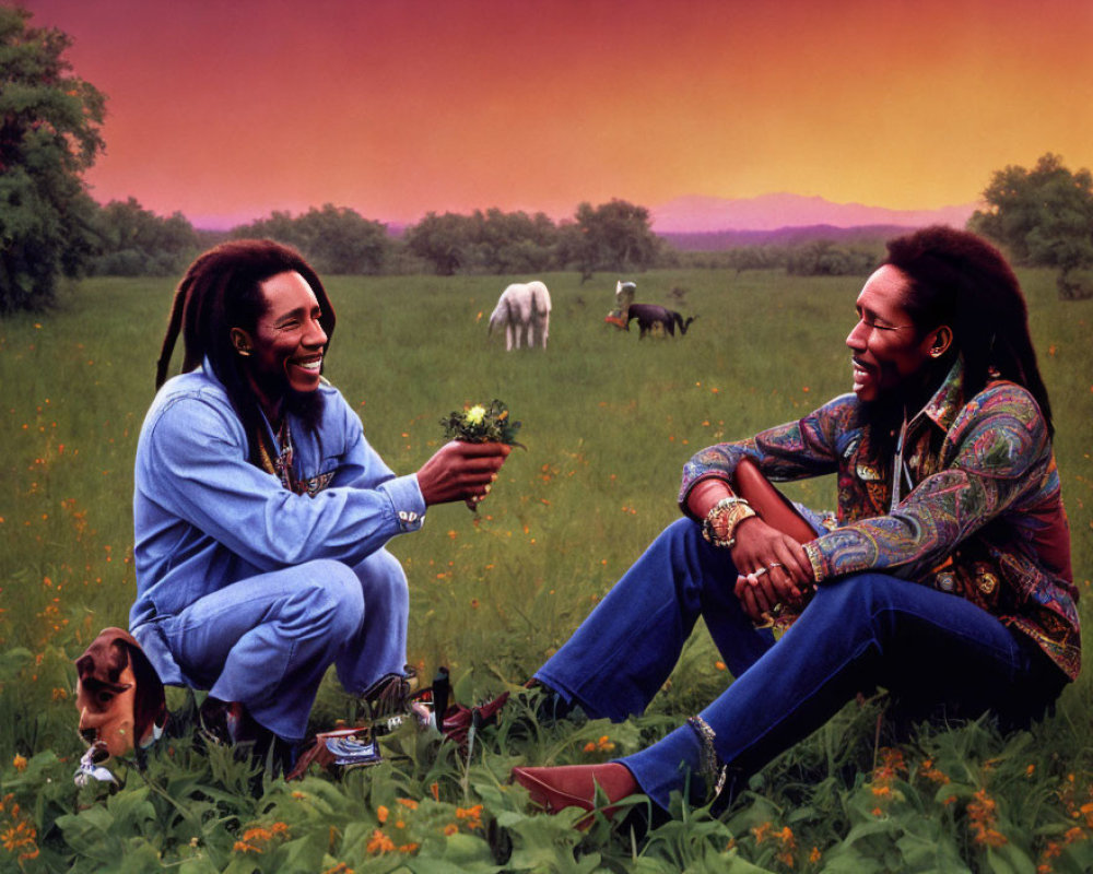 Two people with dreadlocks enjoying nature with animals in a field at sunset