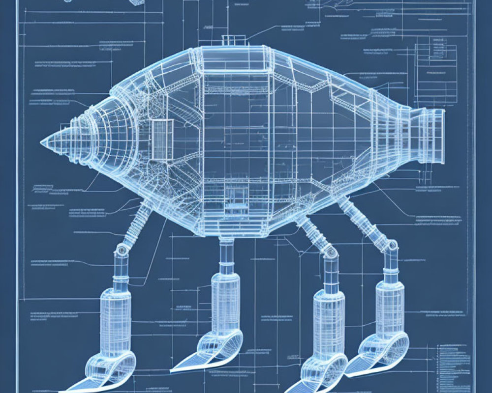 Detailed Blueprint of Fish-Shaped Airship with Propellers on Blue Background