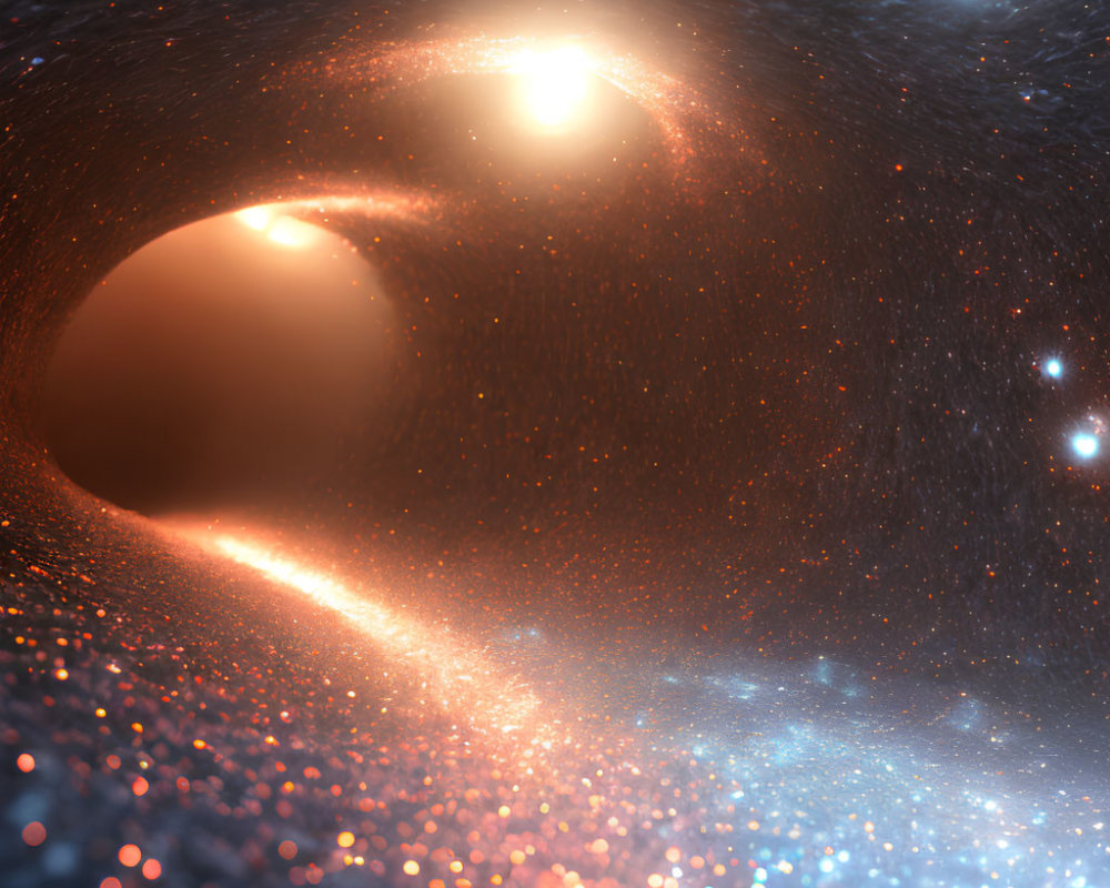 Glowing celestial bodies in cosmic tunnel scene