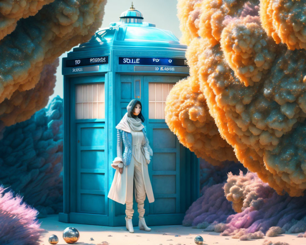 Person in White and Blue Attire by Blue Police Box in Surreal Landscape