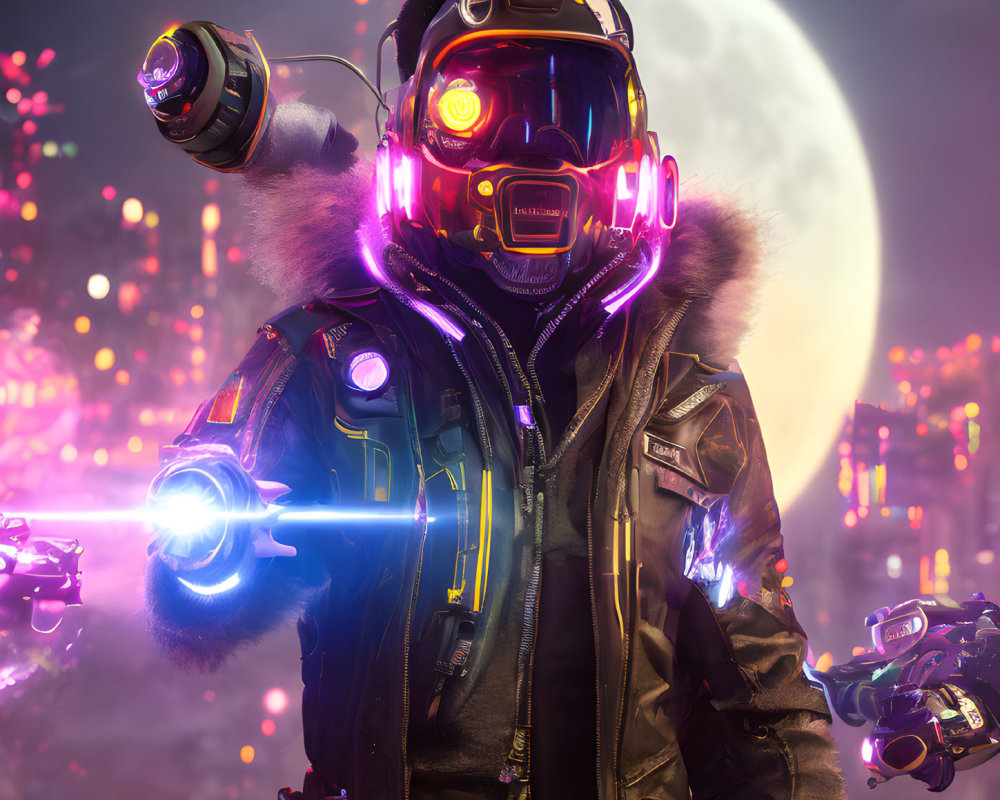 Futuristic figure in high-tech gear with neon lights and sci-fi gadgets on moonlit backdrop