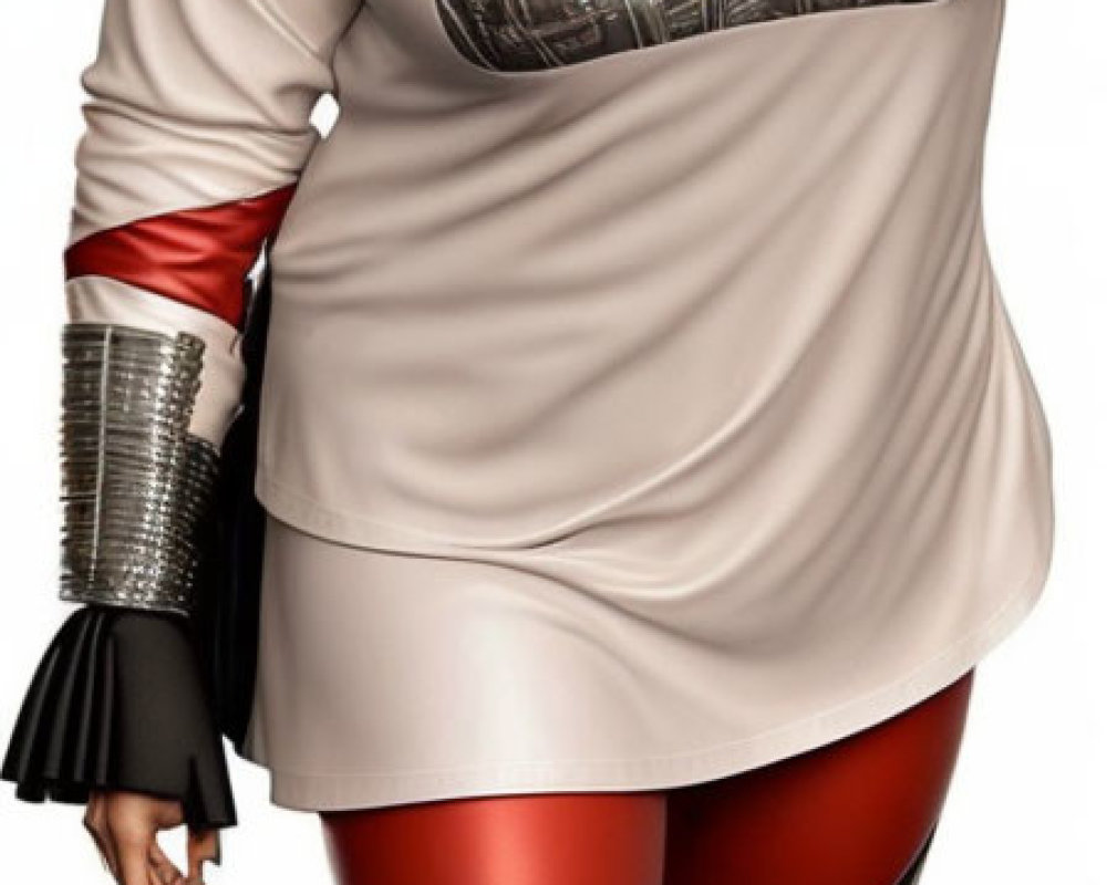 Woman in Harley Quinn-inspired medieval armor costume with red, black, and beige colors