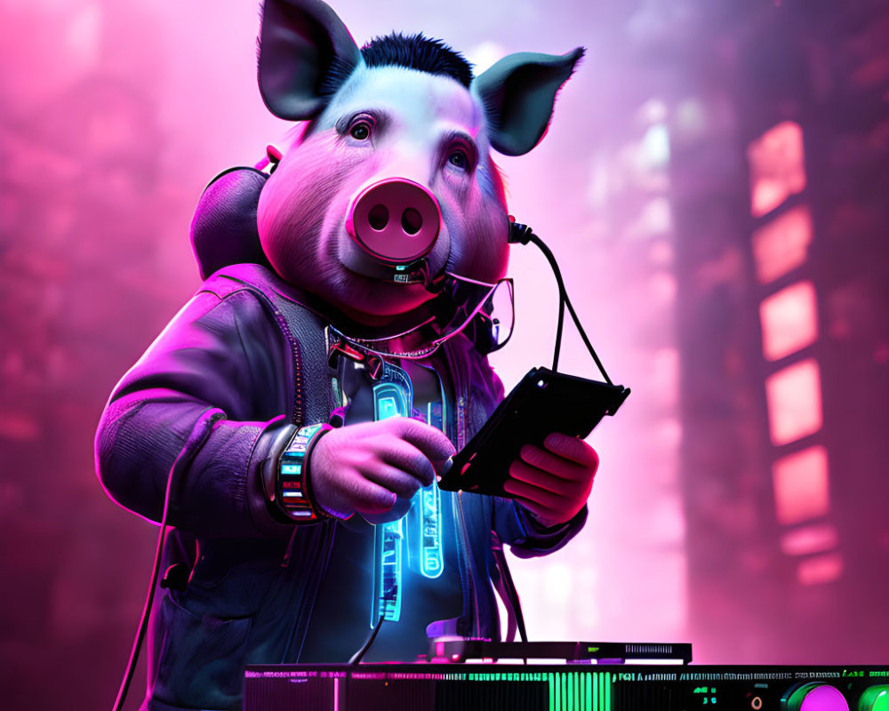 Anthropomorphic pig DJ mixing under neon city lights