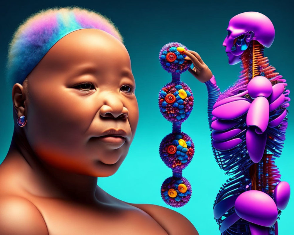 Colorful surreal artwork: infant with unique hair and earring alongside detailed figure on teal background