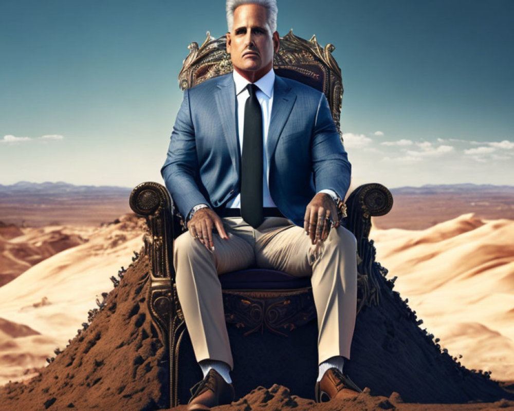 Confident man in blue suit on ornate chair in desert landscape