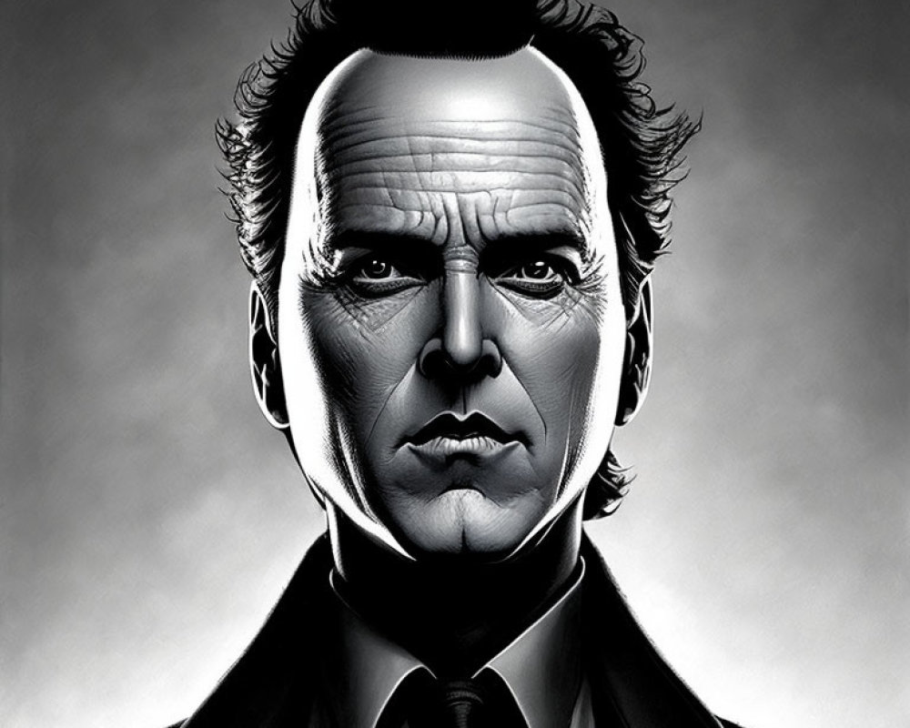 Monochromatic digital artwork of stern man in suit