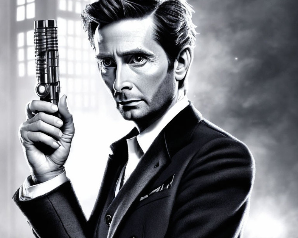 Monochrome illustration of a man in suit with unique hairstyle and futuristic gun