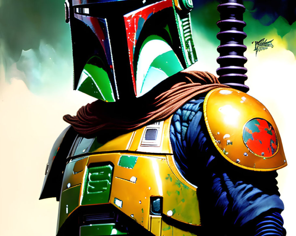 Colorful Armored Character with Helmet, Cape, and Blaster Rifle on Green and Yellow Background