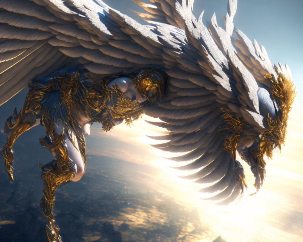 Golden-armored creature soaring above clouds at sunset