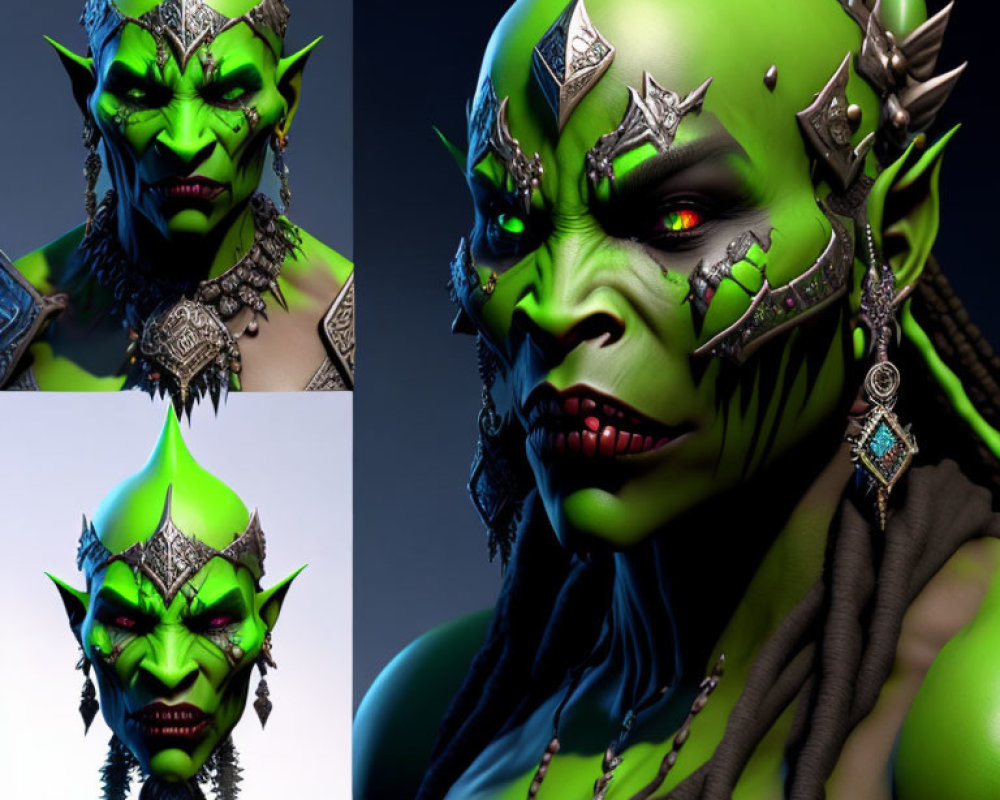 Green-skinned fantasy orc character with sharp teeth and piercings