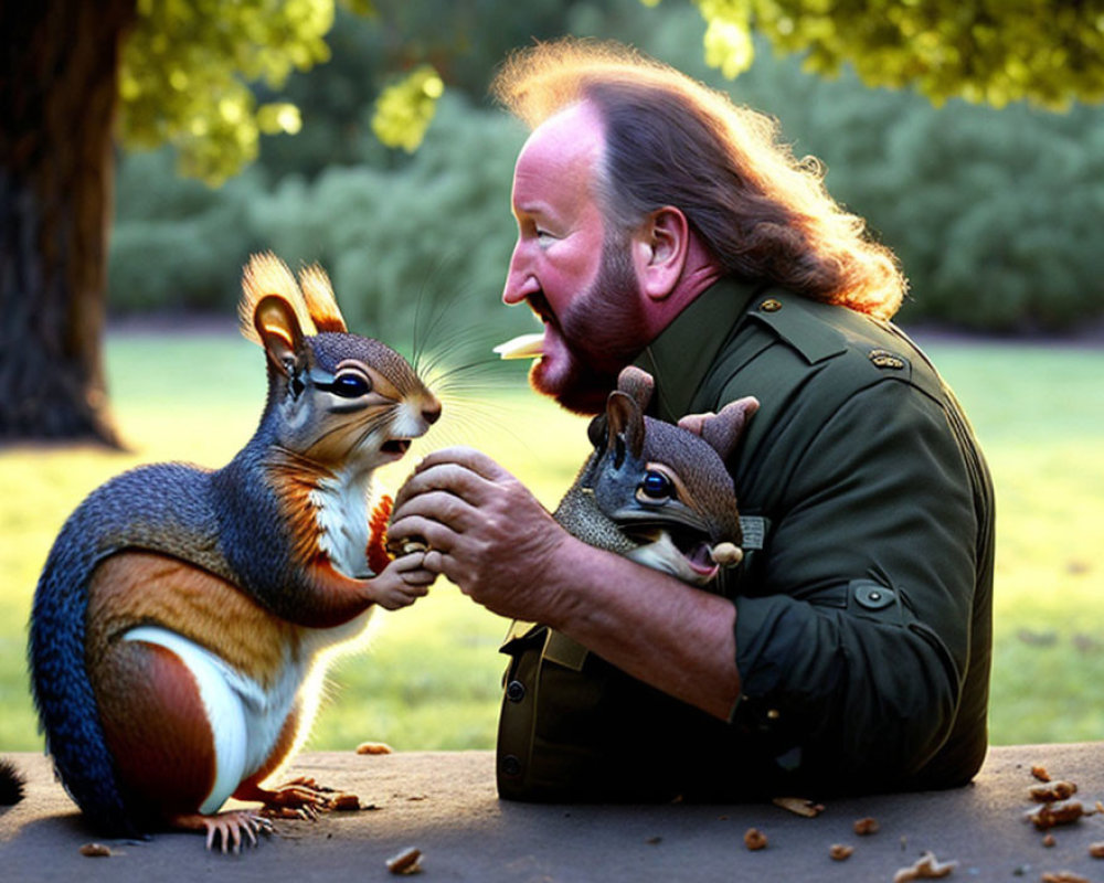 Man in Green Jacket Sharing Snack with Squirrels in Park