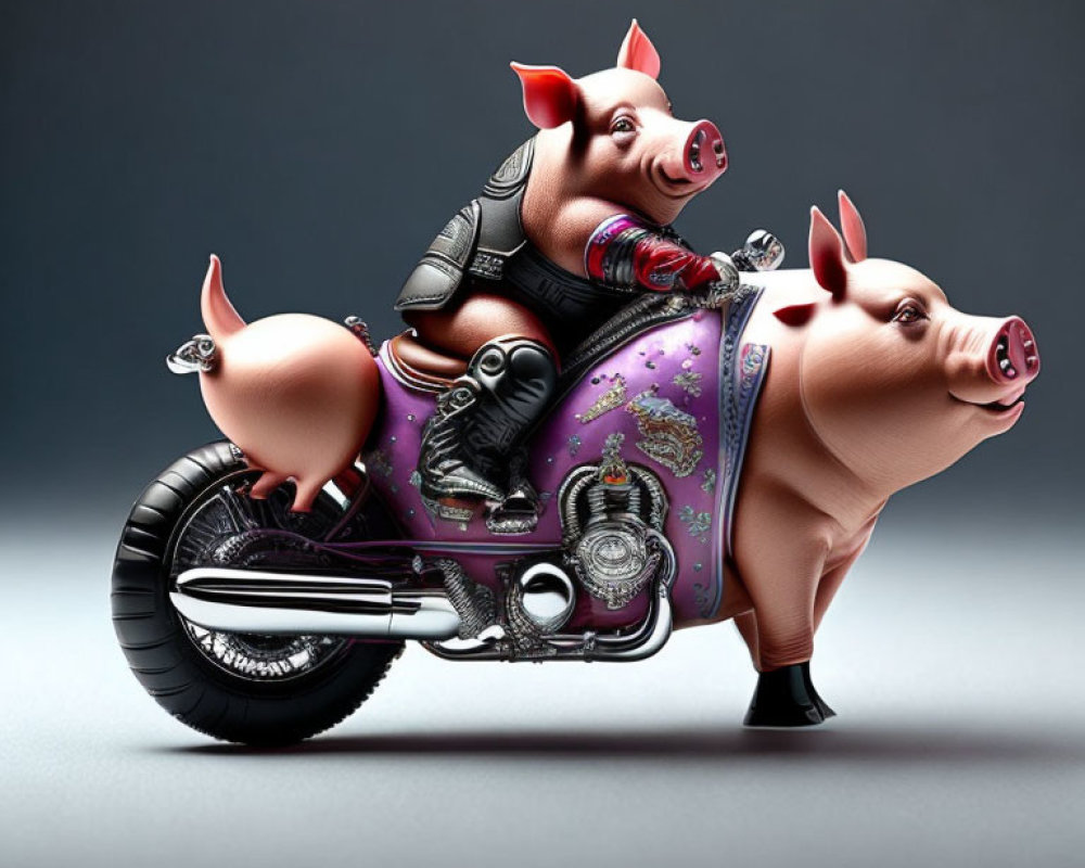 Two animated biker pigs on motorcycle in leather jackets and sunglasses