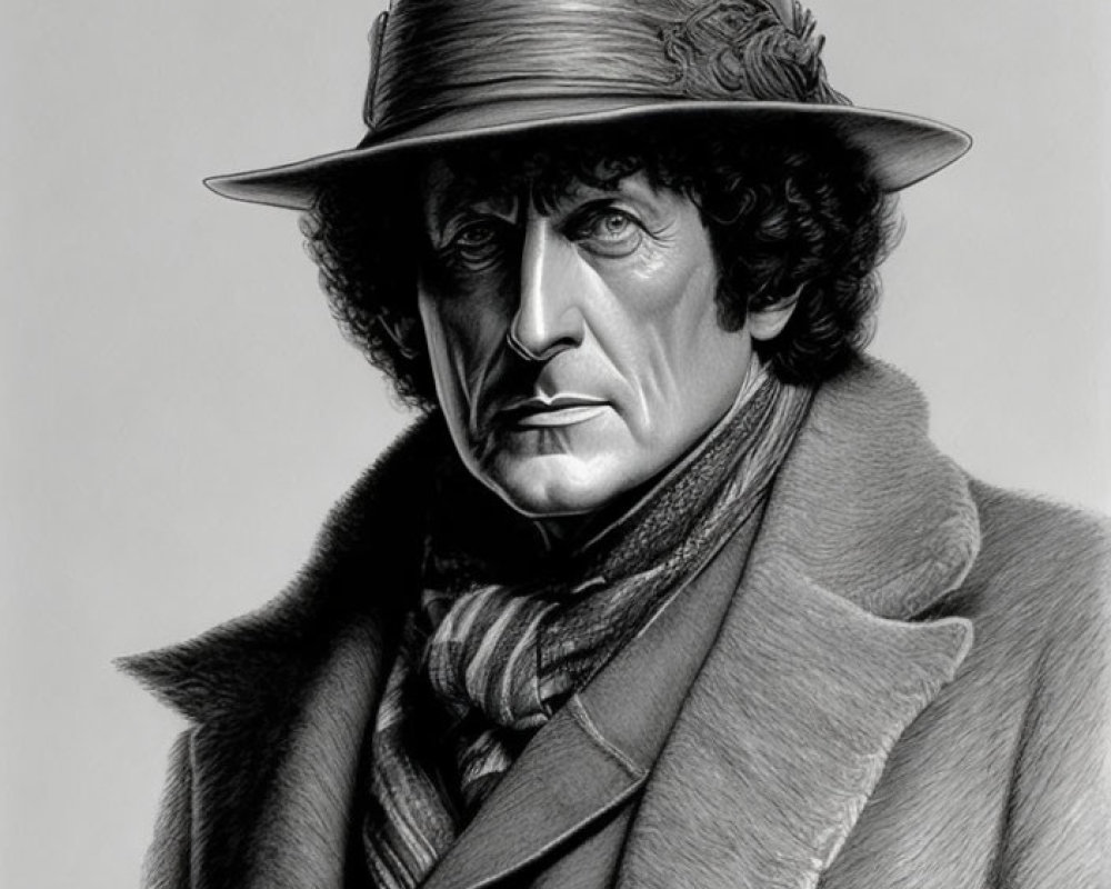 Monochrome illustration of a man in hat, scarf, and overcoat