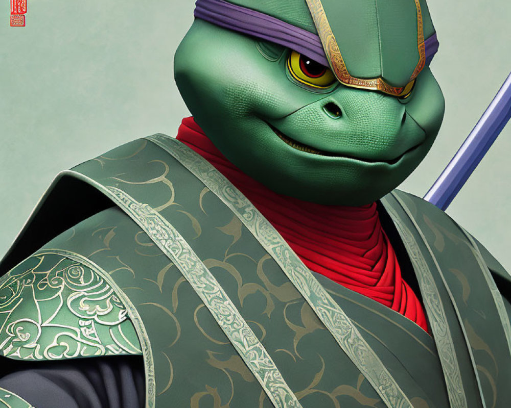 Stylized 3D ninja turtle character in purple mask and Japanese robe