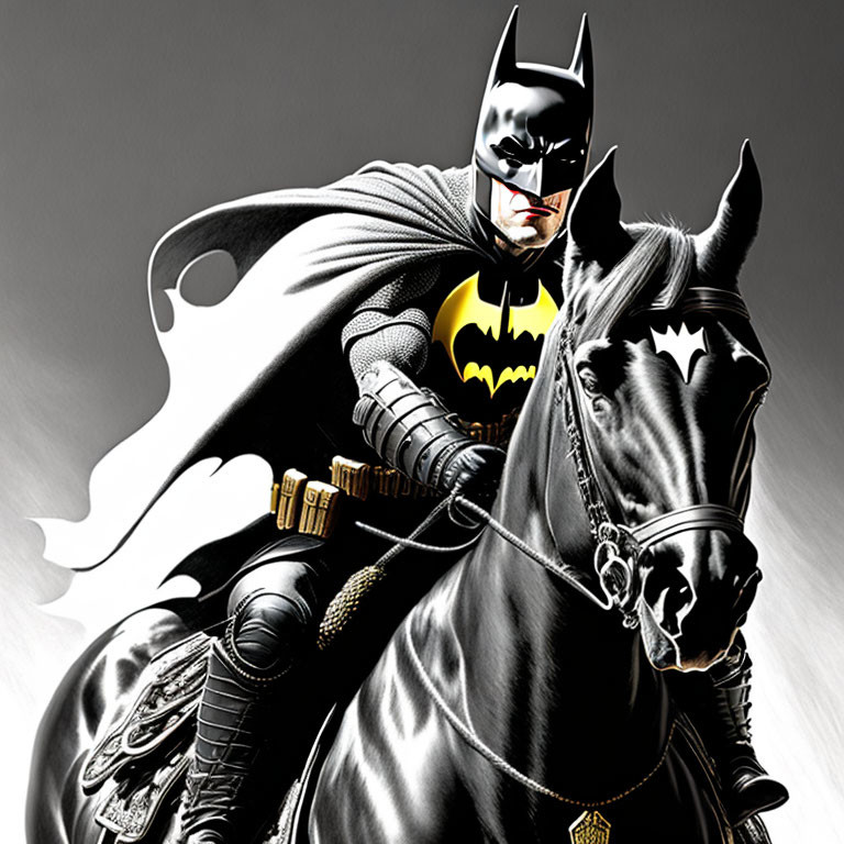 Batman in iconic suit riding black horse with stylized cape.