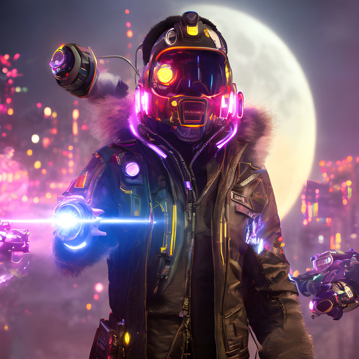 Futuristic figure in high-tech gear with neon lights and sci-fi gadgets on moonlit backdrop