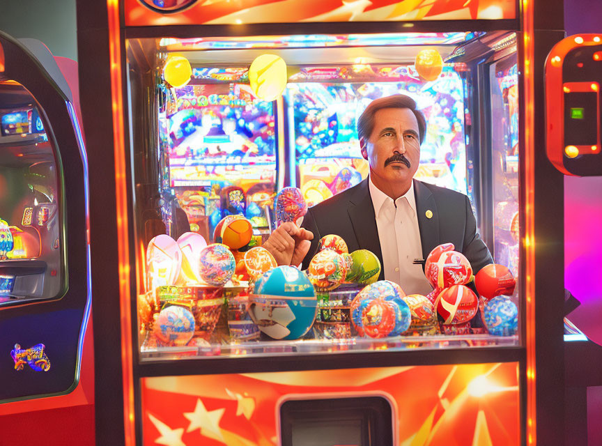 Man in Suit Playing Colorful Arcade Claw Machine