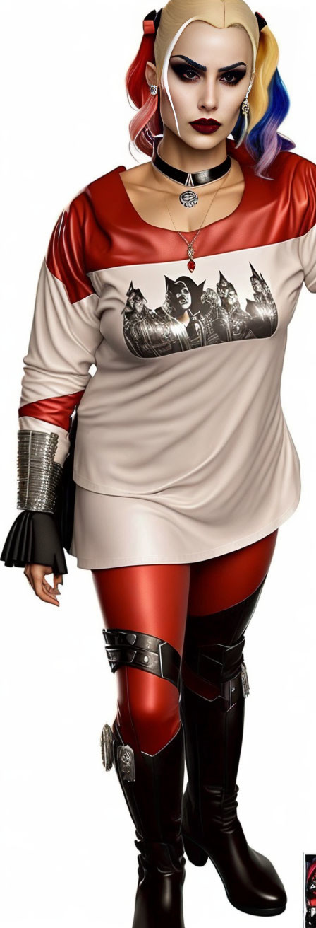 Woman in Harley Quinn-inspired medieval armor costume with red, black, and beige colors