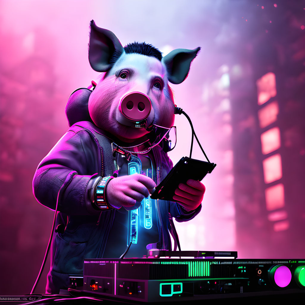 Anthropomorphic pig DJ mixing under neon city lights