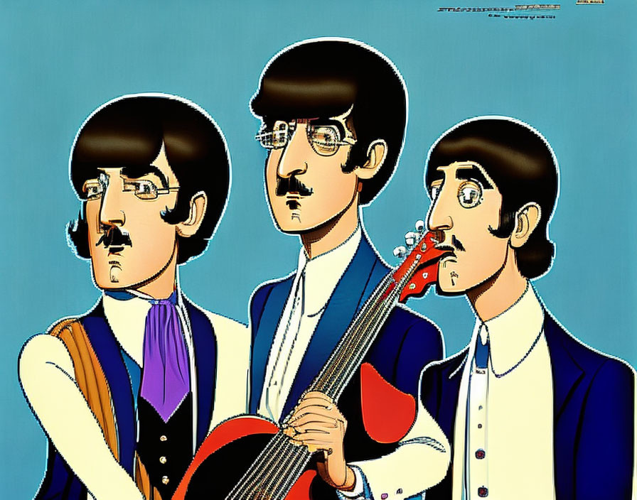 Exaggerated Beatles illustration on blue background with red guitar