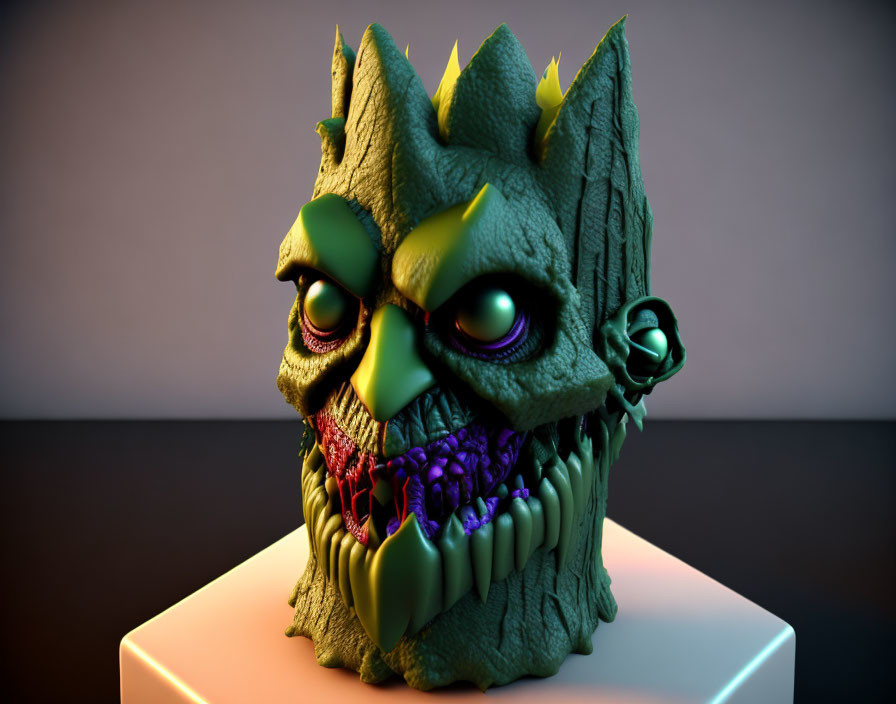 Colorful 3D Monster Head Sculpture on White Pedestal