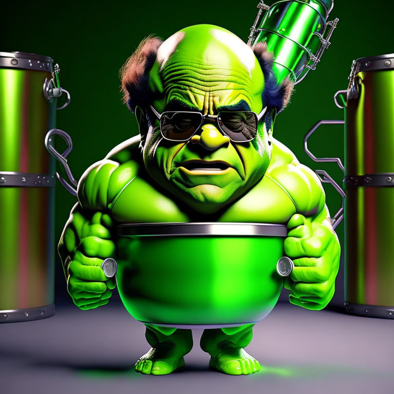 Muscular green animated character with pot, angry expression, chef-like.