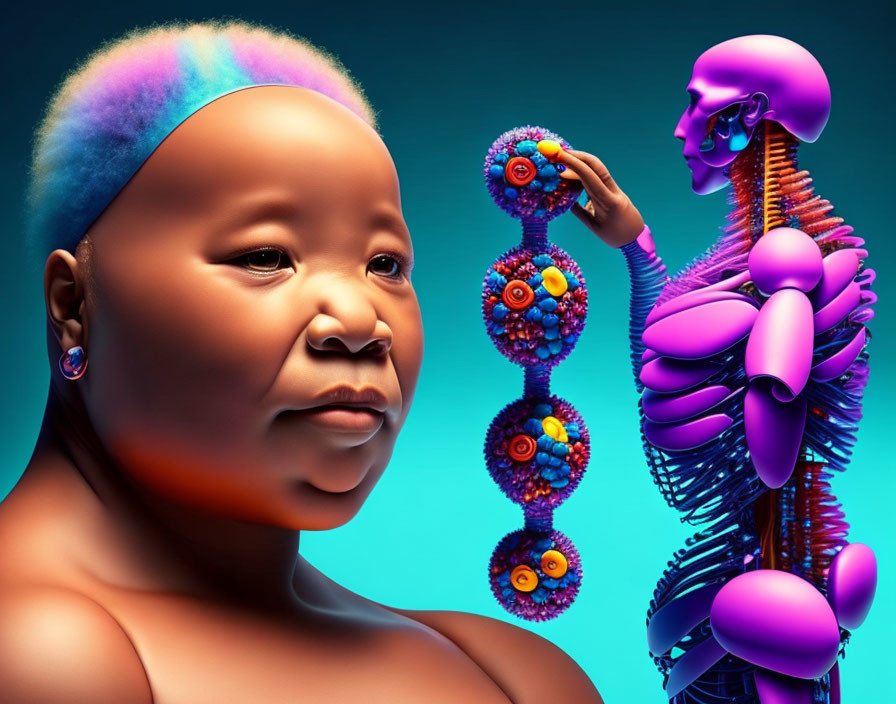 Colorful surreal artwork: infant with unique hair and earring alongside detailed figure on teal background