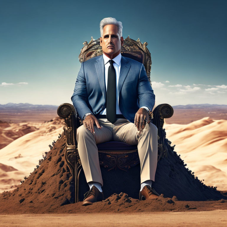 Confident man in blue suit on ornate chair in desert landscape