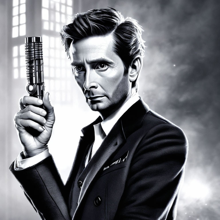 Monochrome illustration of a man in suit with unique hairstyle and futuristic gun