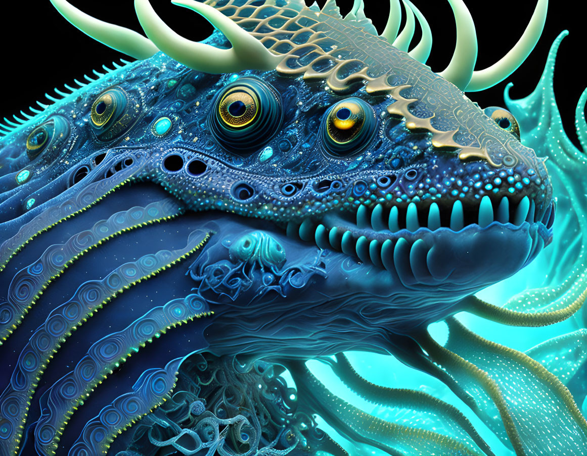 Colorful sea creature with multiple eyes and horns on black background