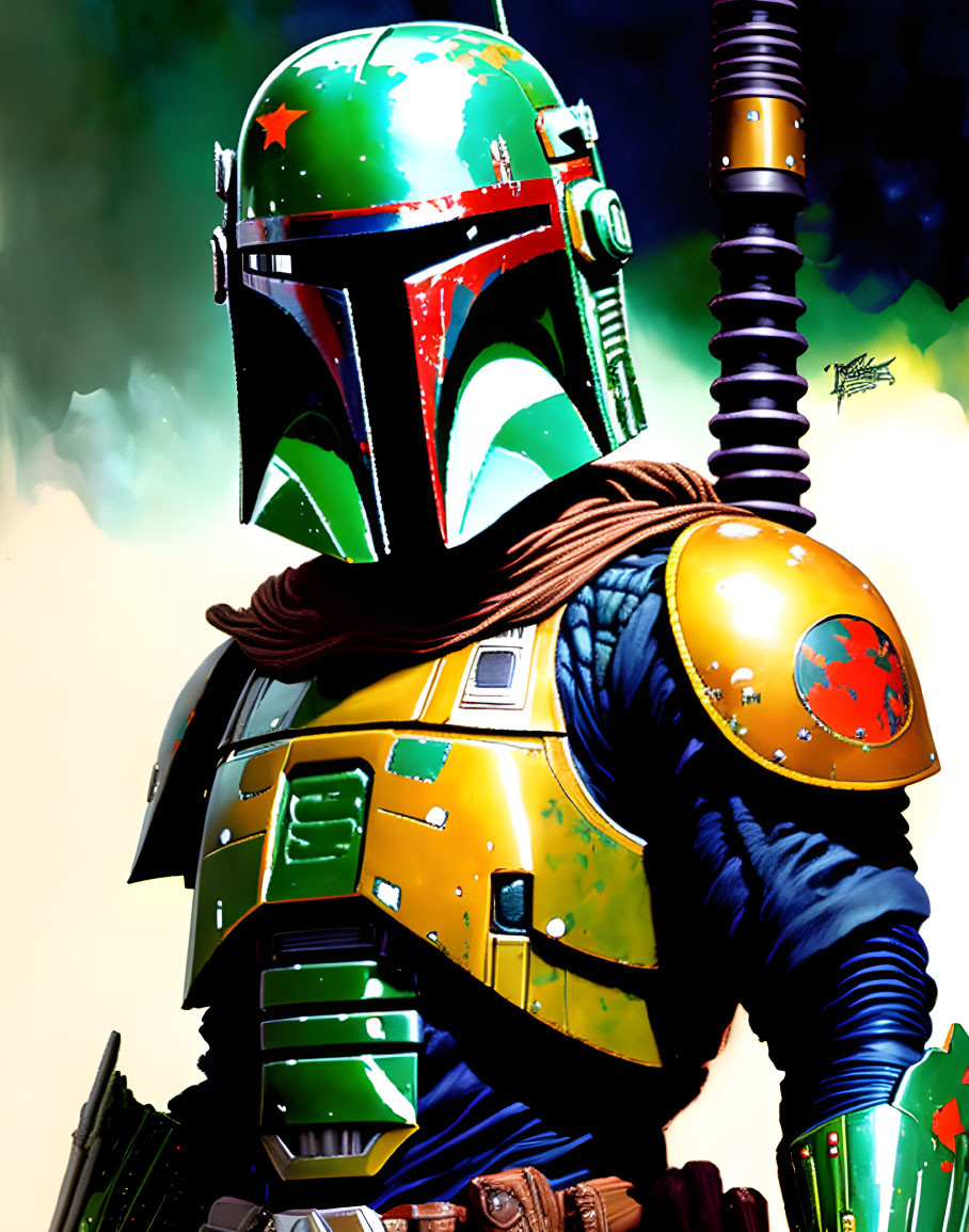 Colorful Armored Character with Helmet, Cape, and Blaster Rifle on Green and Yellow Background