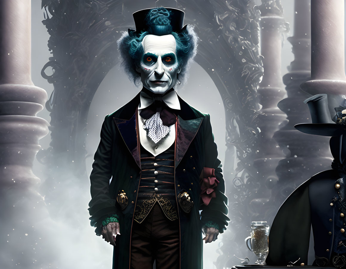 Sinister Victorian clown with blue hair and white makeup in gothic setting