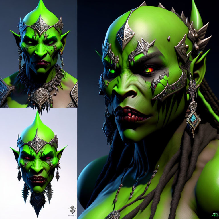 Green-skinned fantasy orc character with sharp teeth and piercings