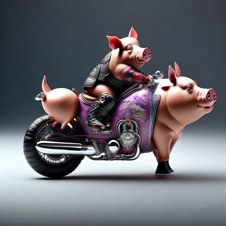 Two animated biker pigs on motorcycle in leather jackets and sunglasses