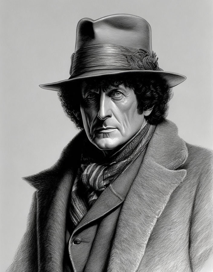 Monochrome illustration of a man in hat, scarf, and overcoat