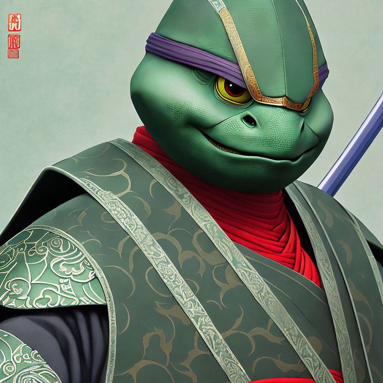 Stylized 3D ninja turtle character in purple mask and Japanese robe