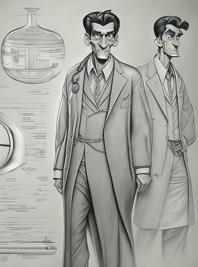 Monochrome illustration of male character in lab coat with fishbowl ecosystem