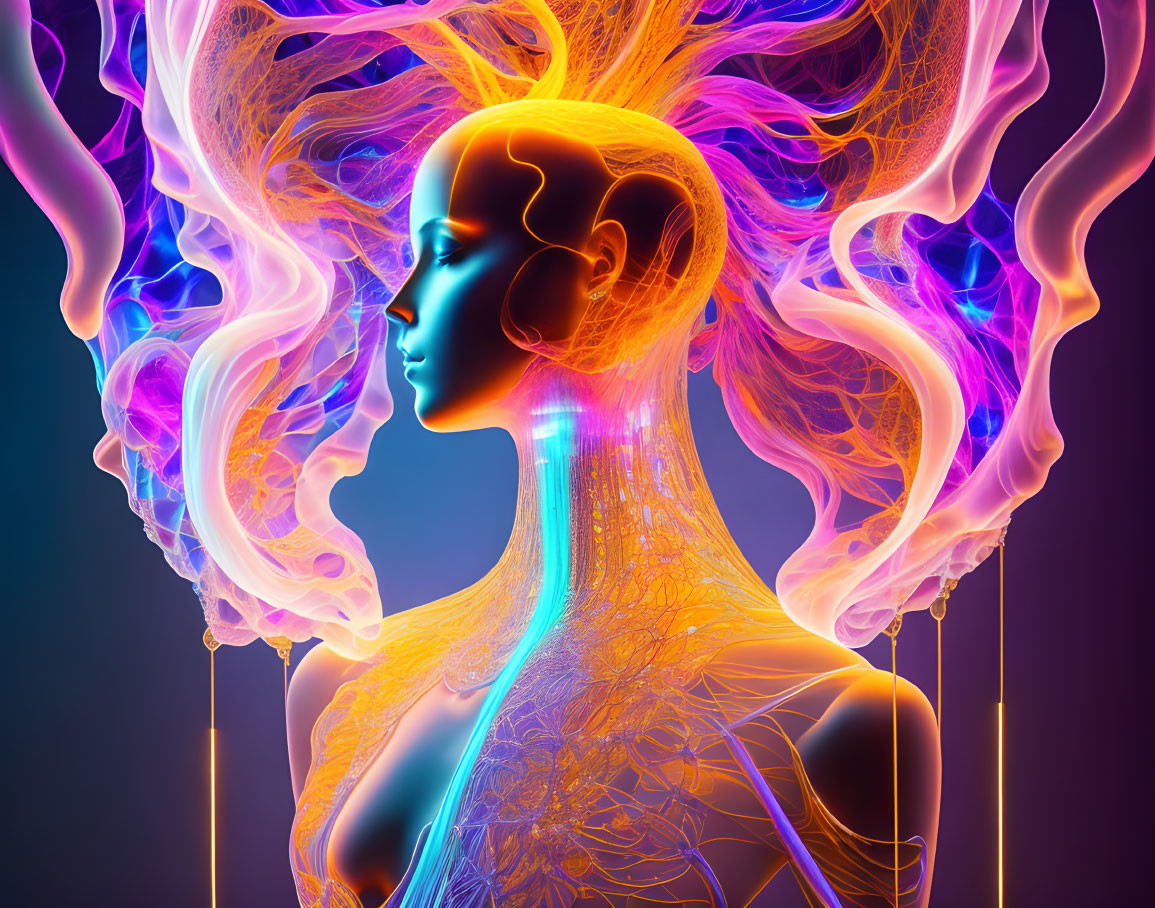 Colorful Digital Art: Female Profile with Neural Networks and Luminous Hair