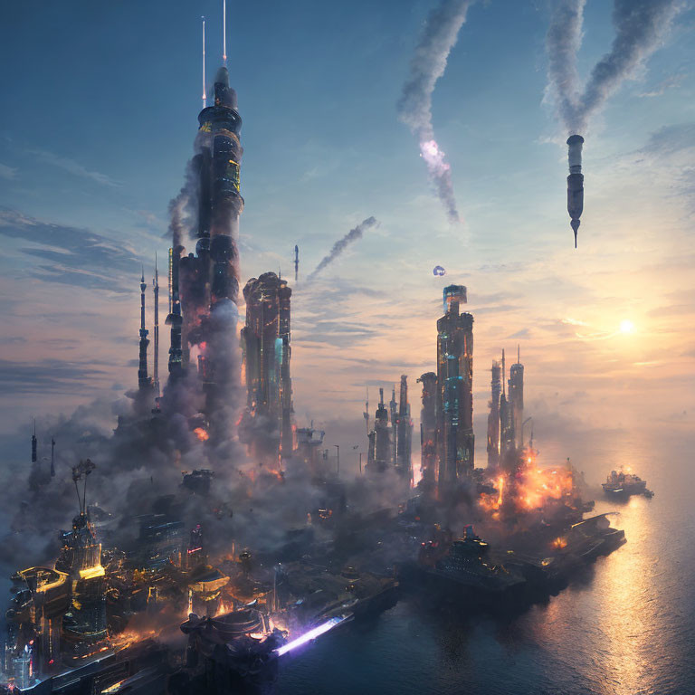 Futuristic cityscape with towering skyscrapers at sunset