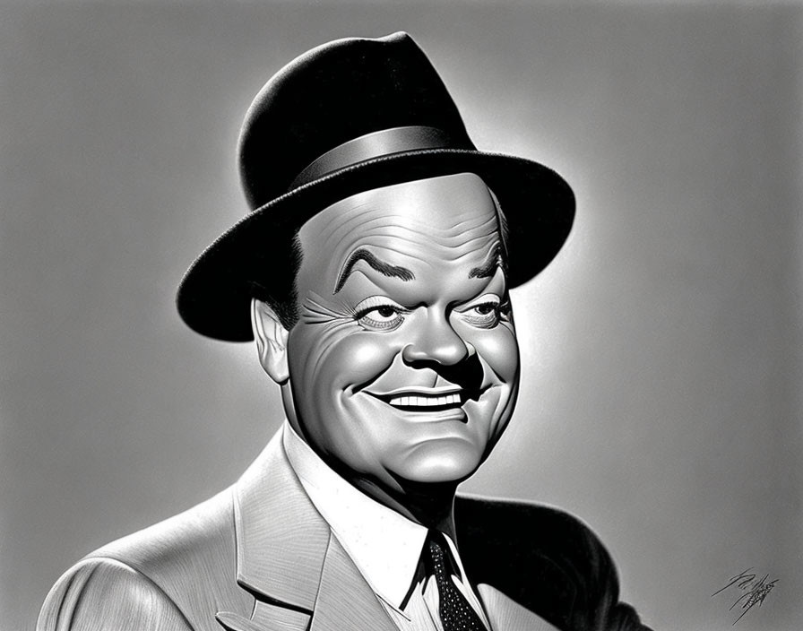 Grayscale caricature of a smiling man in fedora hat and suit