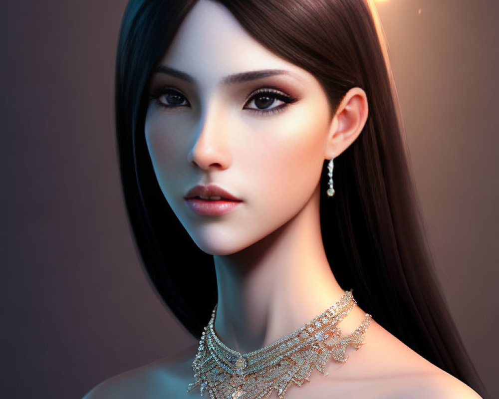 Digital portrait of woman with black hair, dark eyes, and gold jewelry