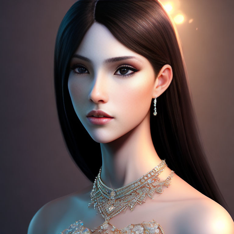 Digital portrait of woman with black hair, dark eyes, and gold jewelry