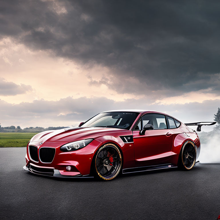 Red Sports Car with Black Accents & Rear Wing Burnout on Asphalt Road