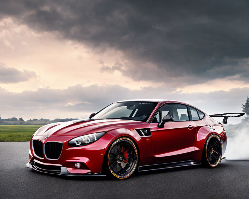 Red Sports Car with Black Accents & Rear Wing Burnout on Asphalt Road