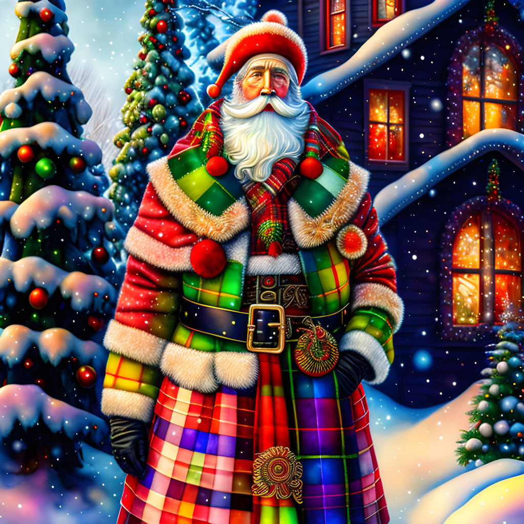 Colorful Plaid Coat Santa Claus in Snowy Christmas Scene