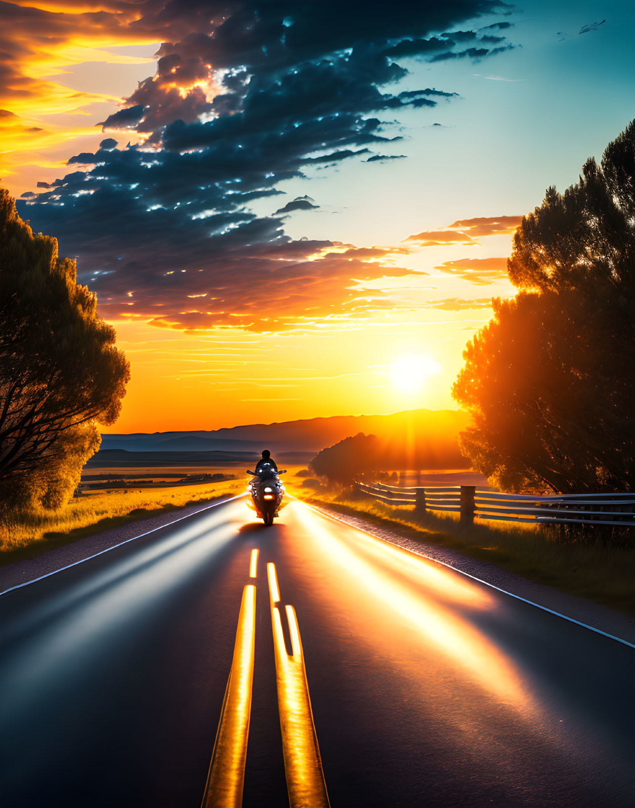 Scenic road sunset ride with motorcyclist