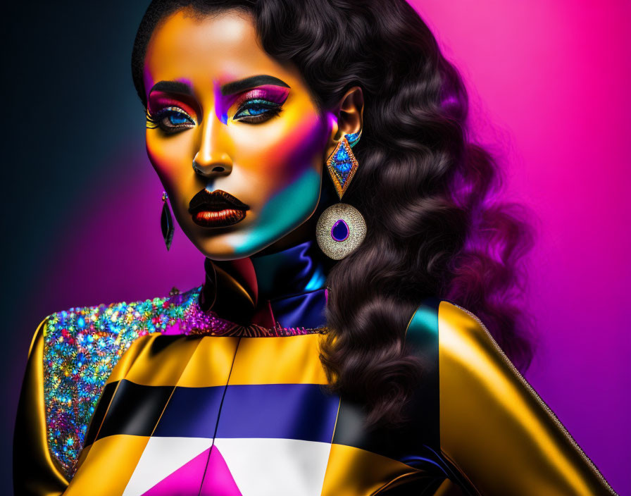 Colorful Abstract Fashion and Bold Makeup on Woman in Vibrant Setting