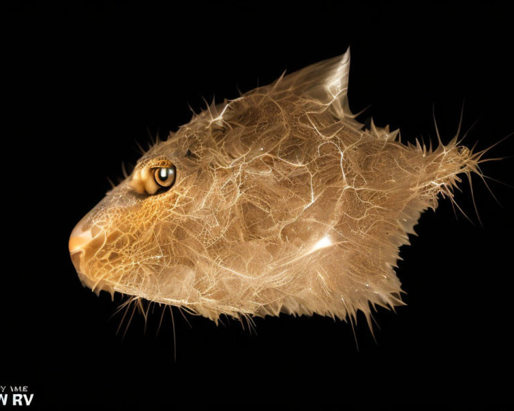 Digital artwork merges cat's face with dried physalis lantern, creating surreal feline form