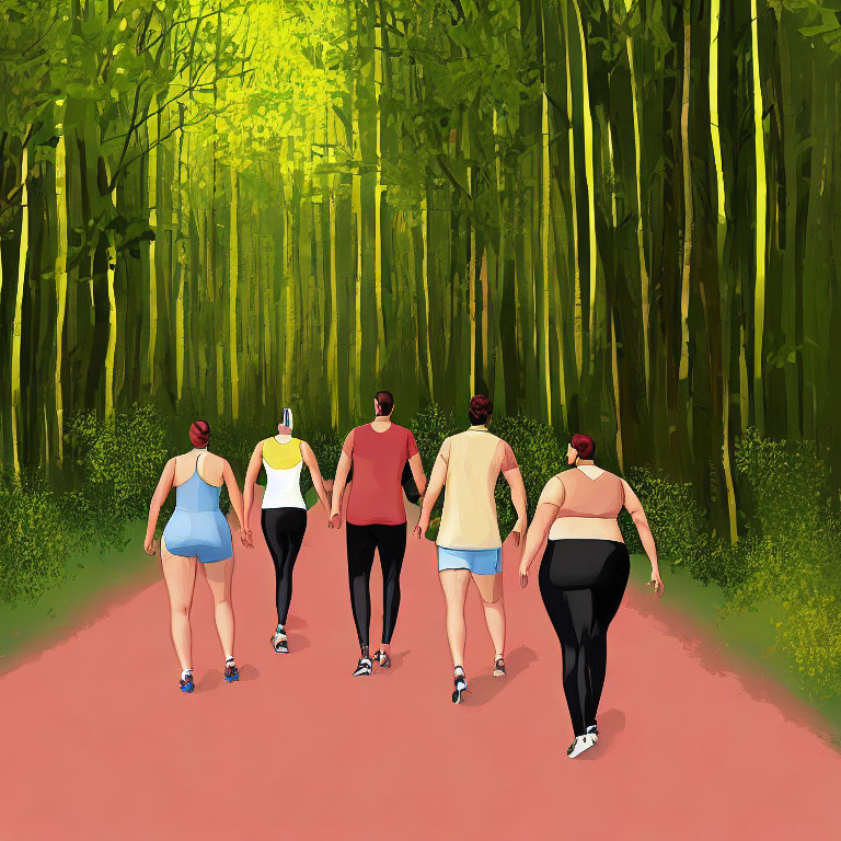 Group of Five Jogging on Red Path in Lush Green Forest