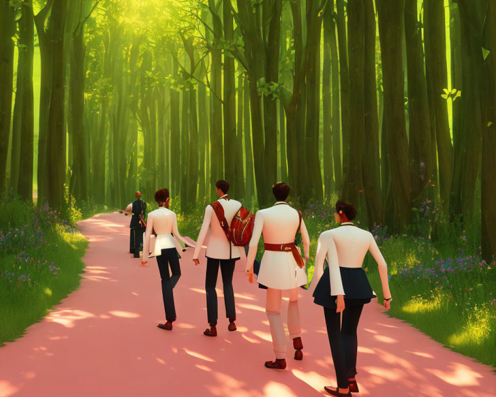 Colorful animated characters walking on pink path in lush green forest